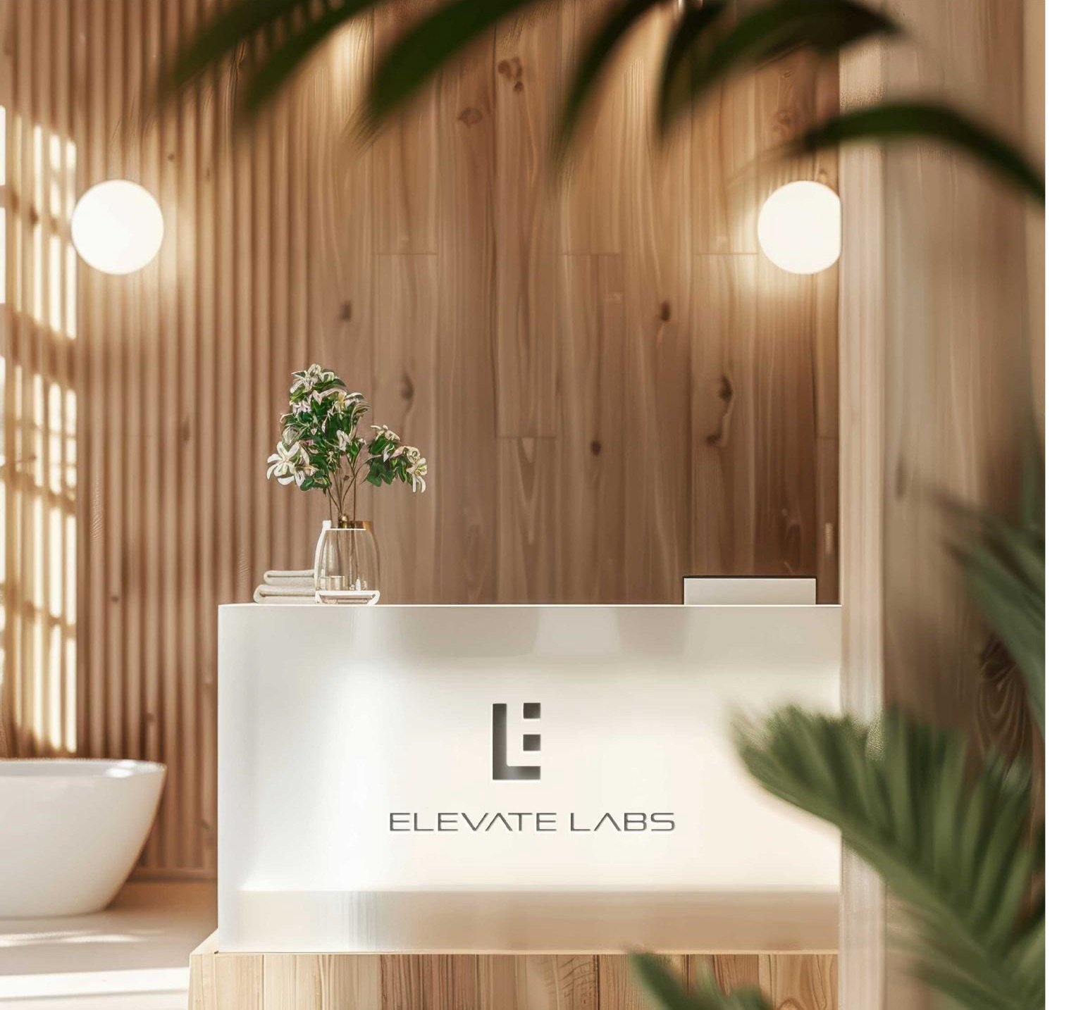 The clinic reception with Elevate Labs branding, warm wood and soft globe lights