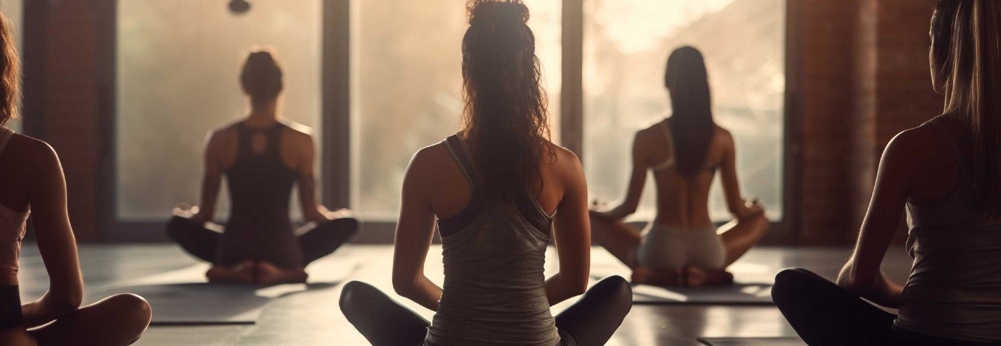 Yoga and sound healing at dawn, silhouettes against tall windows