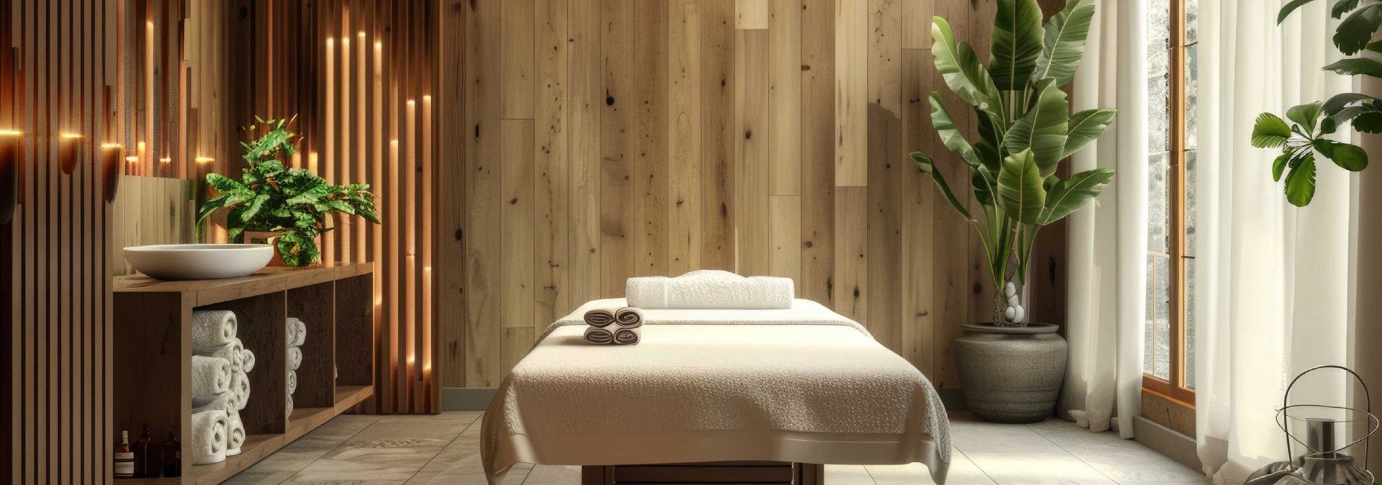 A massage room in warm wood with soft slatted light