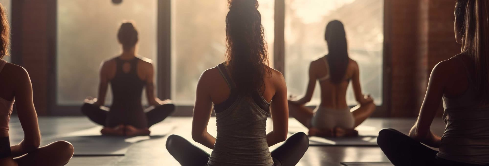 Group seated in meditation, backlit by tall studio windows at sunrise.