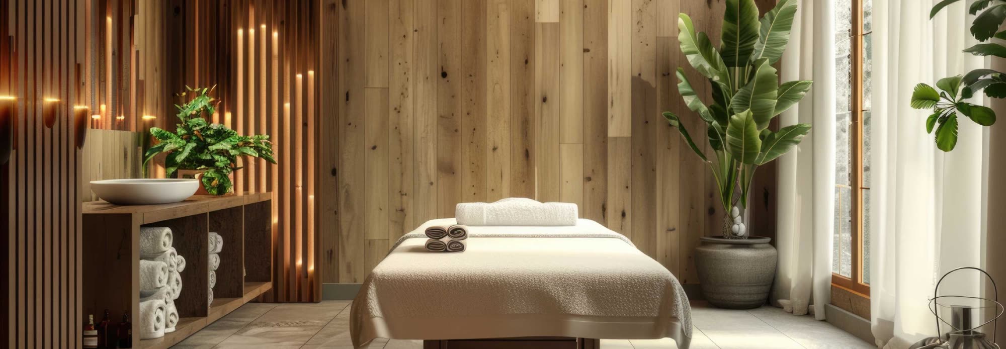 Massage room with warm timber panelling and rolled linen towels.
