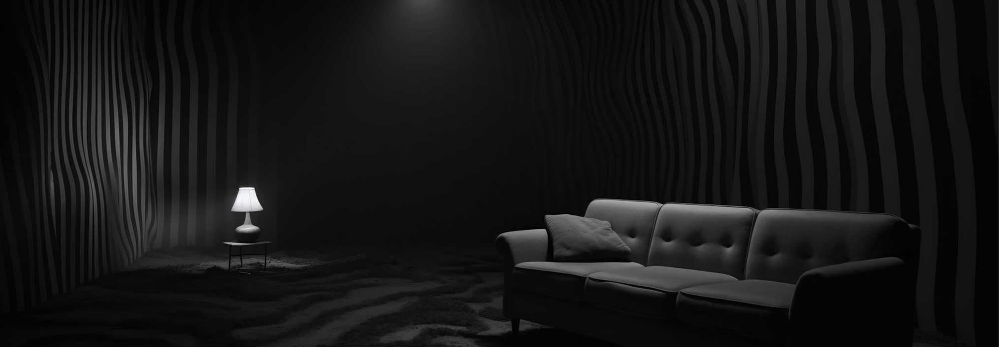 Dark retreat room, near-black with a single warm lamp and a lounge seat.