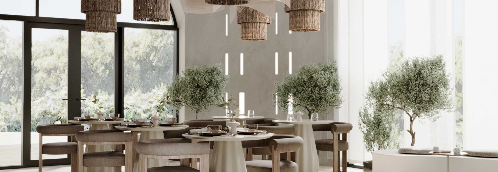 Health Food Bar dining area with olive trees and woven pendant lights.