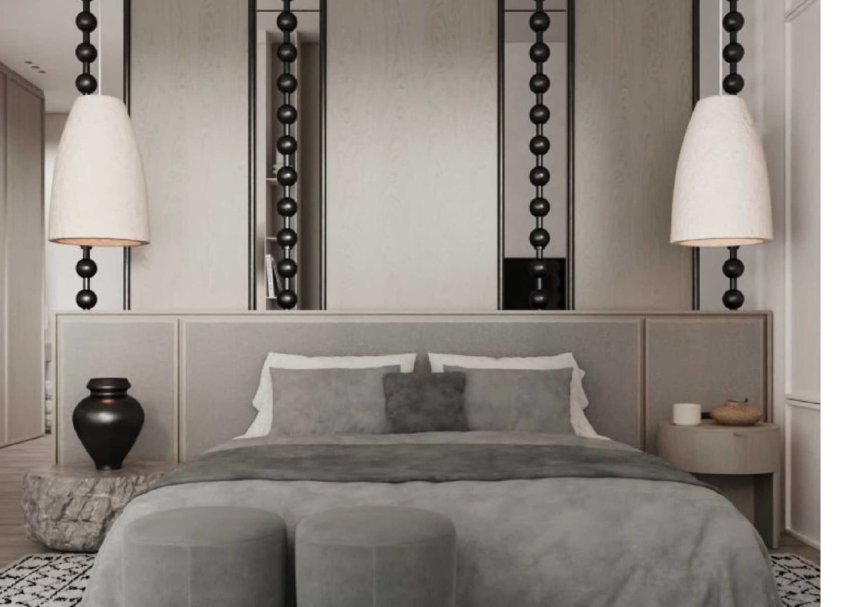 Premium residence bedroom with sculptural pendant lighting and ocean-view terrace doors.